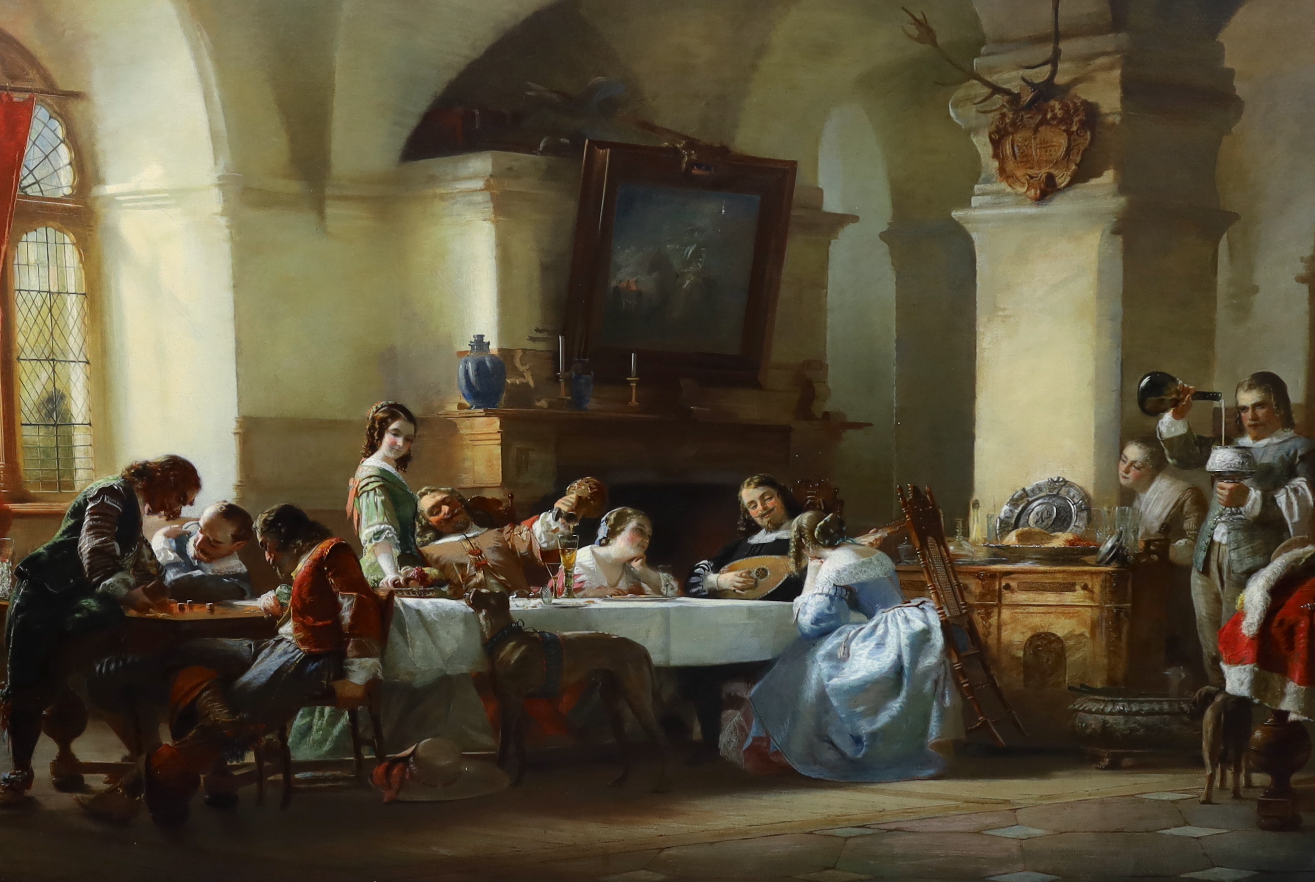 Carl Wilhelm Bernhard Mohrhagen (German, 1813-1877), Interior with figures relaxing around a table, oil on canvas, 77 x 113cm